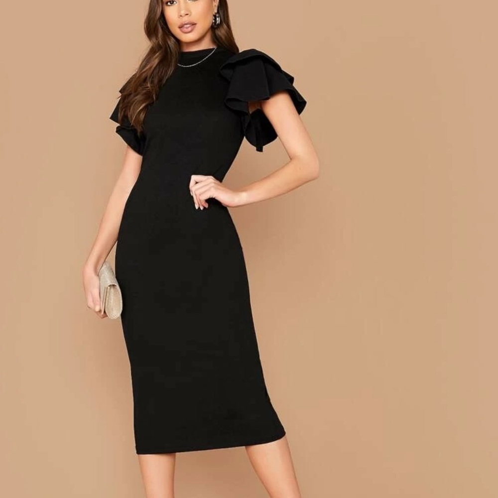 Minimalist Black ruffle sleeve pencil fitted midi dress